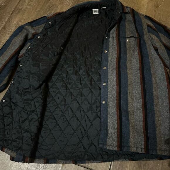 Vintage Shirt Jacket Mens XL Gray Striped Quilted Lined Shacket Wool Blend Snaps - Picture 5 of 10